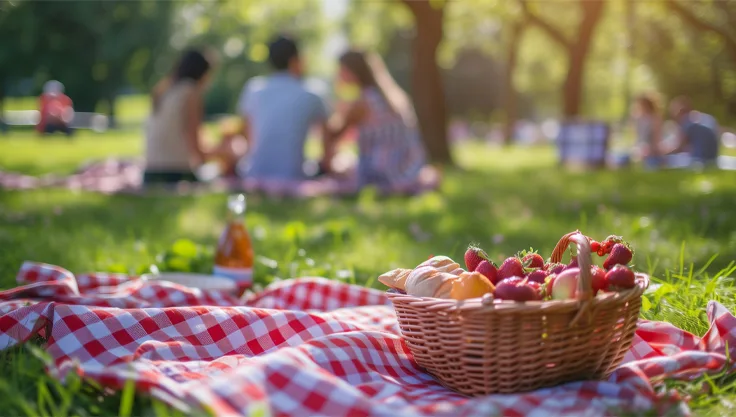 Picnickurv og mennesker paa picnic